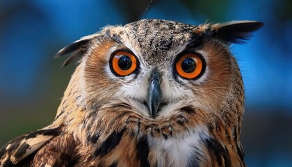 Fototapeta premium Vivid and Intense Owl Portrait with Expressive, Bright Eyes in a Forest Clearing at Dusk