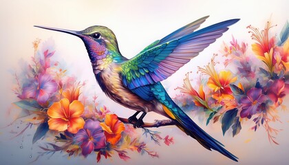 Stunning Realistic Painting Illustration Hummingbird Perched on a Branch in a Lush Tropical Landscape, Showcasing Vibrant Colors and Intricate Textures