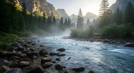 beautiful river with fog landscape 2