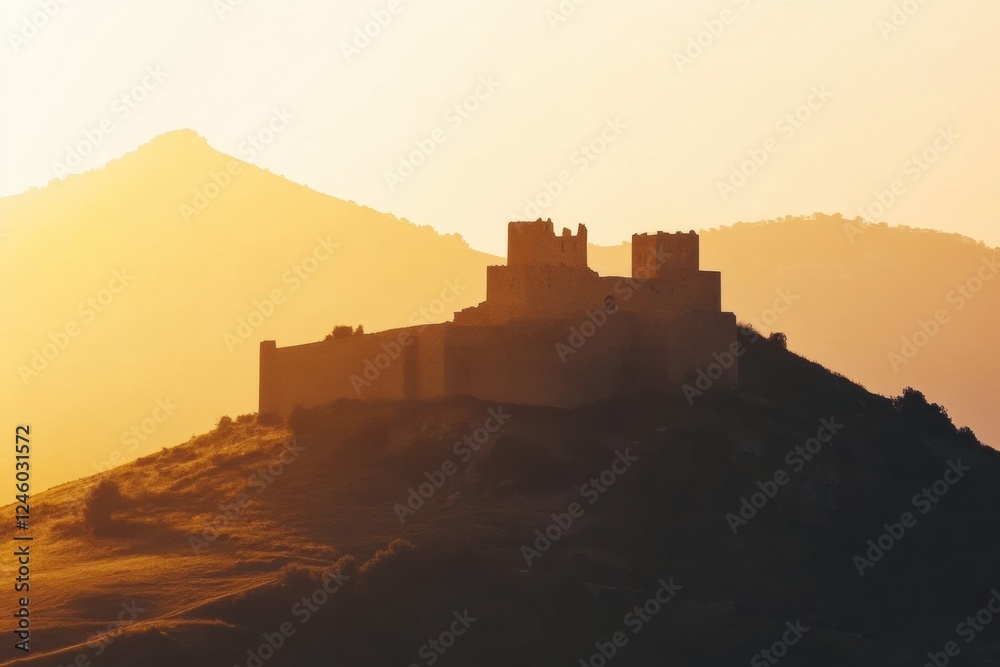 Aufkleber Sunset illuminates an ancient castle perched on a hilltop surrounded by distant mountains and open skies. Generative AI