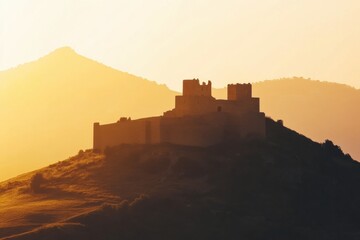 Fototapeta premium Sunset illuminates an ancient castle perched on a hilltop surrounded by distant mountains and open skies. Generative AI