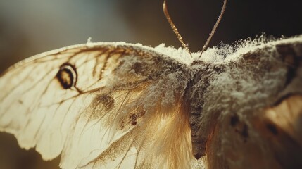 Close up of a delicate moth wing with detailed patterns and feathery texture