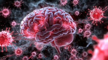 Obraz premium Human brain surrounded by virus particles in a microscopic visualization of neurological infection