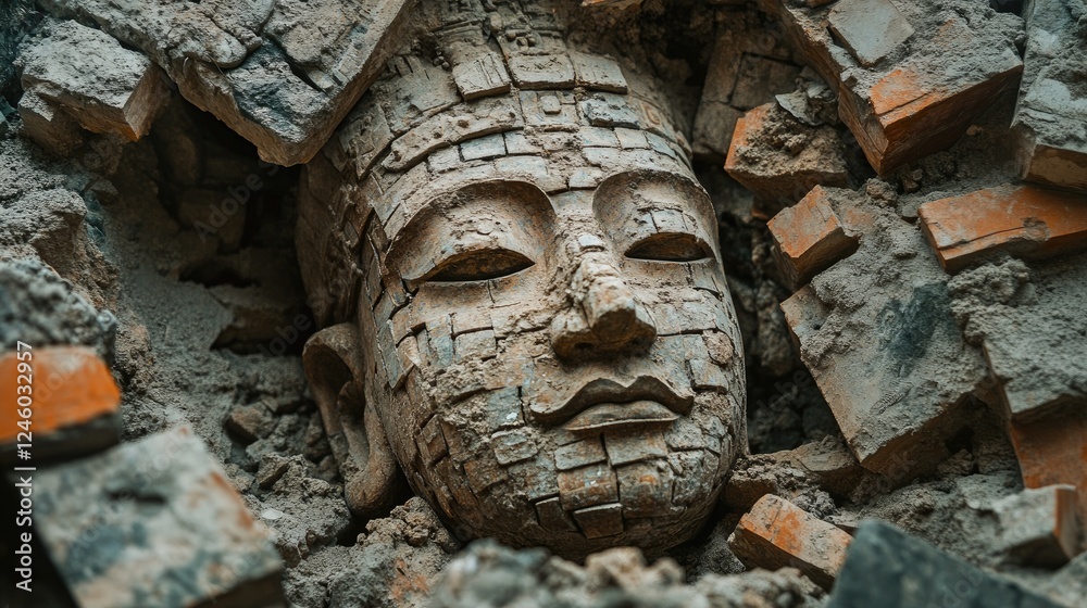 Wall mural Ancient Stone Face Buried In Rubble Ruin