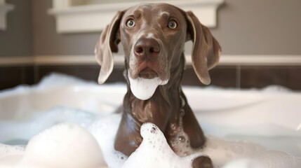 A playful dog enjoying a bubble bath in a cozy bathroom with soft lighting and decor (1)