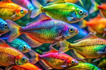 Fototapeta premium Vibrant Melanotaenia praecox, a vintage neon rainbowfish closeup, radiates color.