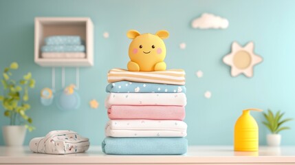 A delightful baby nursery features neatly stacked pastel-colored towels topped with a smiling plush toy, surrounded by a calming blue wall and cheerful decor, evoking warmth and joy