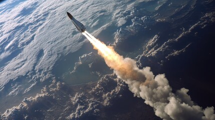 Fototapeta premium Rocket Ascending Through Earths Atmosphere Above Clouds