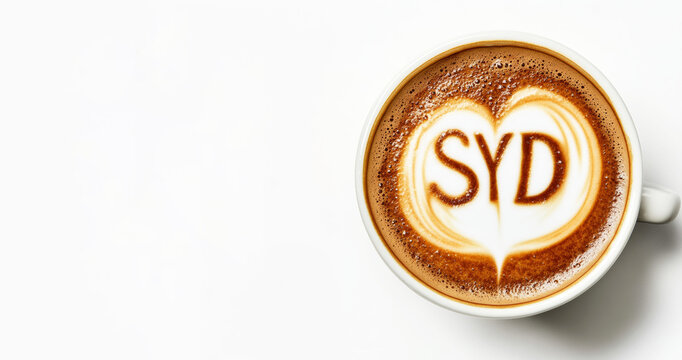 SYD, the IATA code for Sydney Kingsford Smith Airport. Coffee art, Australia, holidays, summer, travel concept. Space for text. 