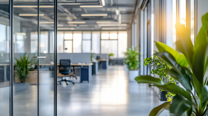 Modern Office Interior with Plants and Natural Light the modern elegance of a white open space office interior with this blur focus. Ideal for use as a background, a clean, 