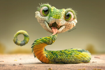 A cartoon 3D snake with a playful and animated expression, its body coiled in a fun, lively shape