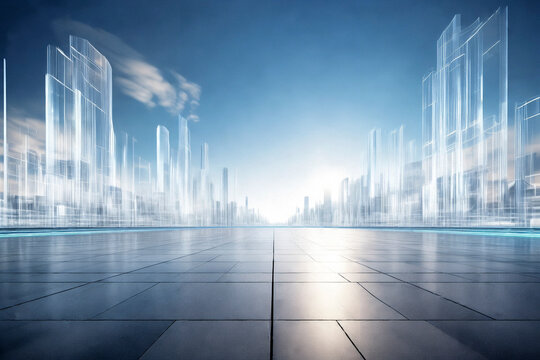 Clean brick square with holographic projection smart city background
