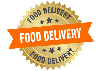 food delivery. food delivery round orange and gold label isolated on transparent background