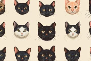 Fototapeta premium A charming seamless pattern showcasing adorable cat faces, each one capturing the unique expressions and features of different cat breeds. seamless pattern with cats