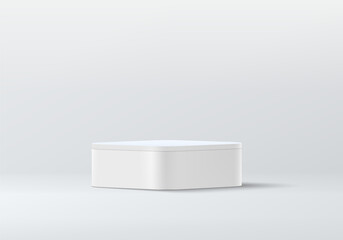 Single white podium on a neutral background, designed for simple and clean product presentations in a modern setting.