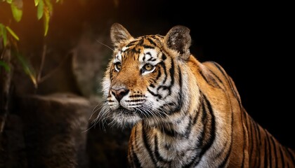Naklejka premium Striking Tigers Encounter in a Vibrant Wildlife Reserve at Dusk, Showcasing the Majestic Beauty and Power of a Royal Striped Feline Amidst Rich Autumn Hues.