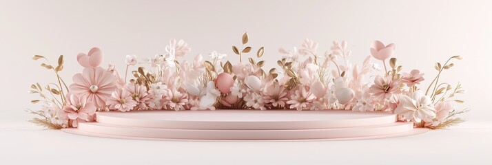 Layered curved podium decorated with soft pink flowers for elegant displays