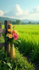A vibrant bouquet of wildflowers, delicately bound with natural fibers, rests against a rustic wooden fence post, overlooking a tranquil landscape of verdant rice paddies under a bright, sunny sky.