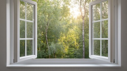 Open windows frame a peaceful forest bathed in warm sunlight, creating a serene atmosphere in the inviting room