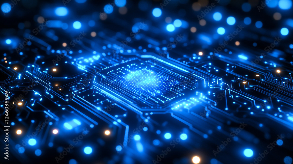 Wall mural blue circuit board glows, data streams flow, digital tech abstract. electronic technology network co