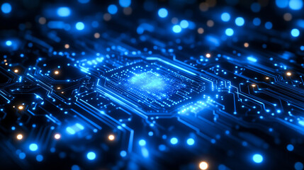 Blue circuit board glows, data streams flow, digital tech abstract. Electronic technology network connection information processing futuristic design lines.