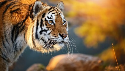 Fototapeta premium Majestic Tiger Roams Free in the Heart of African Savannah under a Velvet Sunset Sky, Showcasing the raw Power and Beauty of Natures Predator