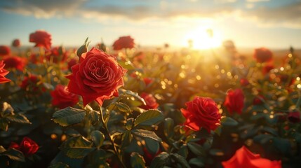 Vibrant red roses blooming in a sunlit field at sunset, creating a serene and picturesque scene
