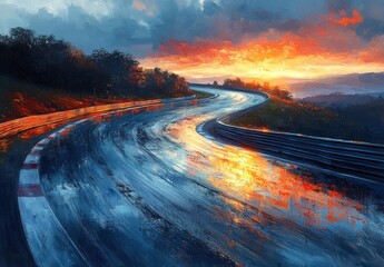 Impressionistic Motion Blurred Racetrack at Golden Hour with Winding Path and Warm Glow