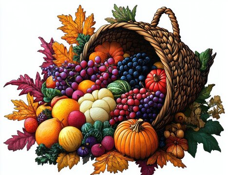 recommend clip art: Thanksgiving Cornucopia Harvest with Colorful Fruits and Vegetables Illustration