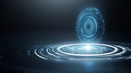 Fototapeta premium Futuristic Digital Interface with Glowing Circles Glowing digital particles riding fluid blue waves on a dark background with white highlights symbolizing futuristic technology