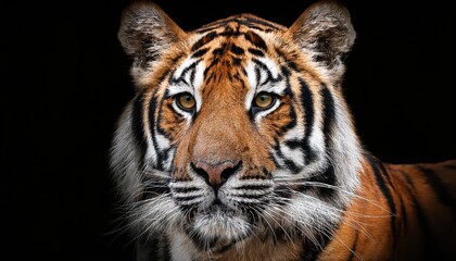 Fototapeta premium Vivid Tiger in Deep Black Background, Showcasing Majestic Stripes and Intense Eyes, Set Against a Moody Night Scene, Perfect for Digital Art, Home Decor, or Design Inspiration.