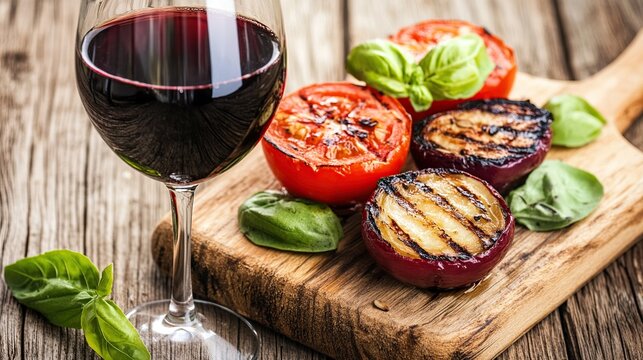 Grilled vegetables, red wine, rustic wood, summer meal