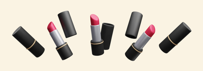 Obraz premium 3D lipstick set in motion vector illustration. Luxury makeup black case red lipstick in different shapes realistic 3D icon set. Elegant beauty skincare lip balm, decorative cosmetic product lip gloss.