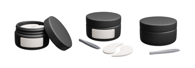 Set of different eye patches bottles 3D vector render. Black cosmetic product packages of hydrating gel eye patches with applicator tweezers realistic 3D vector illustration. Collagen masks eye care.