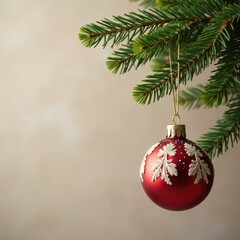 Ornate Christmas decorations on a bare evergreen branch, bauble, garland, festive