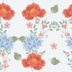 Hand Drawn Lotus Flower and Berry Seamless Pattern