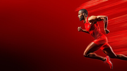 A man runs at full speed, showcasing powerful movement in a red track and field jersey. The dynamic backdrop enhances the sense of motion. Ideal for sports marketers and fitness brands
