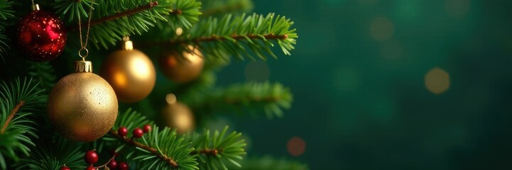 Naklejka premium Ornate golden balls suspended from fir branch amidst lush green foliage, festive holly, Christmas decorations