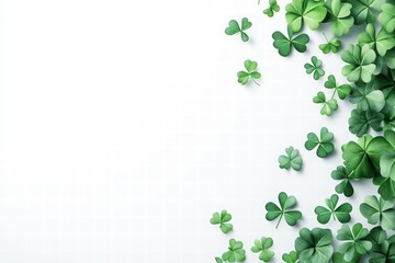 Fototapeta premium St. Patrick's Day-themed background with shamrocks. clover leaves in green color. Happy St. Patrick's Day concept. Green leaves of four-leaf clovers isolated on pastel cream color.