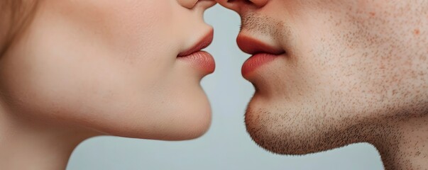 Obraz premium Close-Up Kiss Between Young Couple with Soft Skin and Tenderness