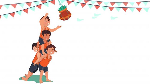 Celebrate Dahi Handi festivities with flat character animations, showcasing colorful traditional attire, human pyramids, and vibrant cultural energy.