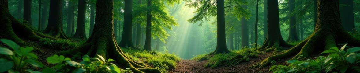 Obraz premium Overgrown coniferous forest with deciduous trees, tree roots, greenery