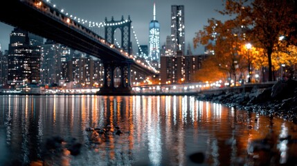 Fototapeta premium Night cityscape, Brooklyn Bridge, autumn, city lights reflecting on water, travel photography