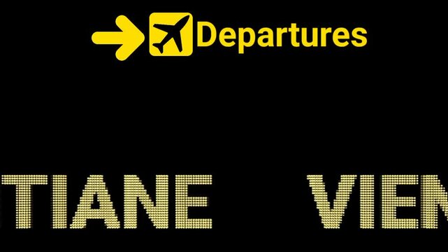 Realistic Animated Departures Sign Board with LED Text at VIENTIANE Airport. Suitable for transit hub visuals, flight tracking content, travel booking ads, and travel experience videos