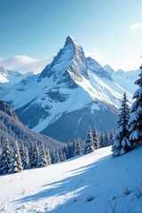 Snow-covered mountainscape with a serene winter landscape, serene, frost, mountain
