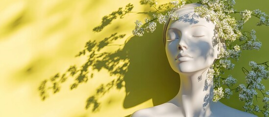 Mannequin with closed eyes adorned with delicate flowers casting soft shadows on a vibrant yellow background symbolizing spring and sustainability