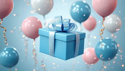 Floating Blue Gift Boxes with Colorful Balloons and Ribbons on Light Blue Background