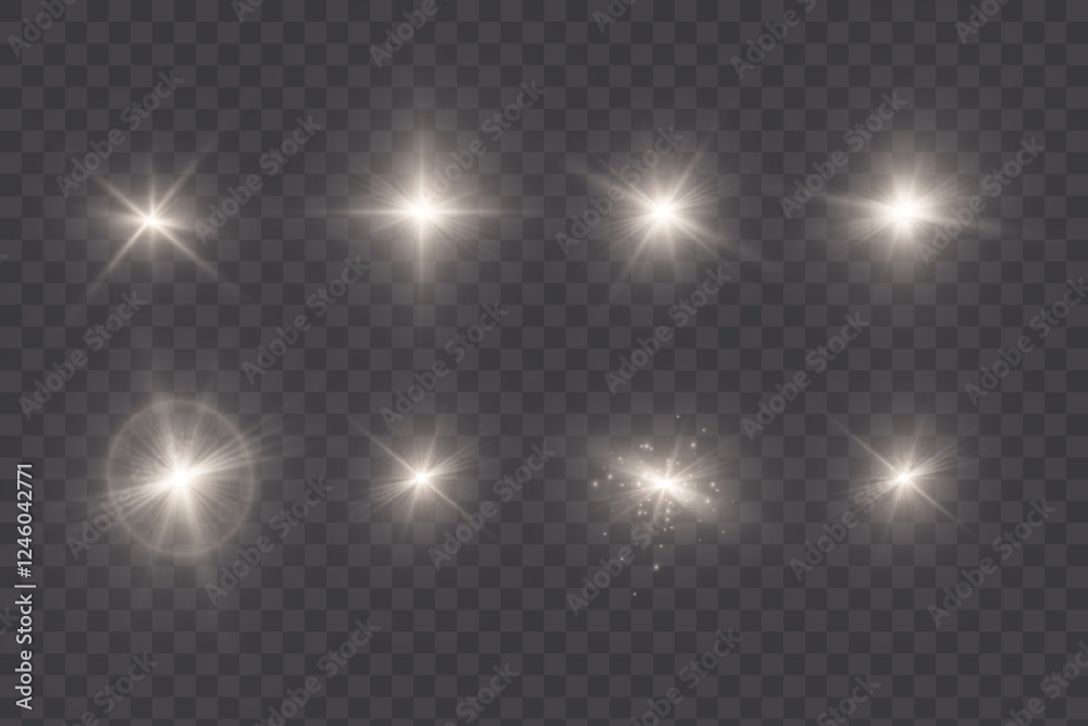 Poster realistic collection of bright light effects, sparkling stars on a transparent background. vector