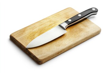 A sharp kitchen knife rests on a wooden cutting board