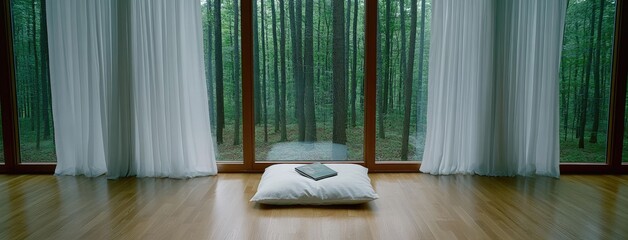 A cozy reading space features an open book and a soft lamp, with sunlight pouring in through a window framing a serene garden view
